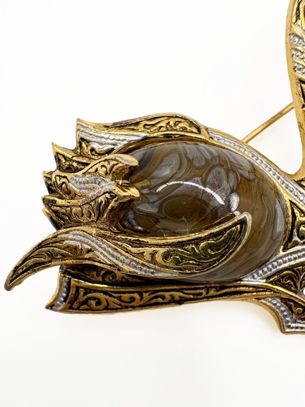 Vintage Swan Damascene Marbled Glass Jelly Belly Brooch - Picture 5 of 8